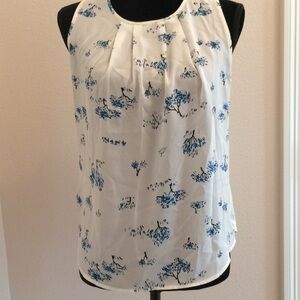 ANN TAYLOR cream teal botanical print patterned sleeveless round neck top blouse